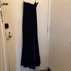 Betsy & Adam Blue Asymmetrical Strapless Prom Gown